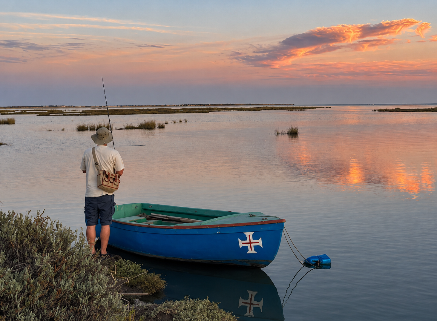 Lone fisherman on Algarve cliffs at dawn