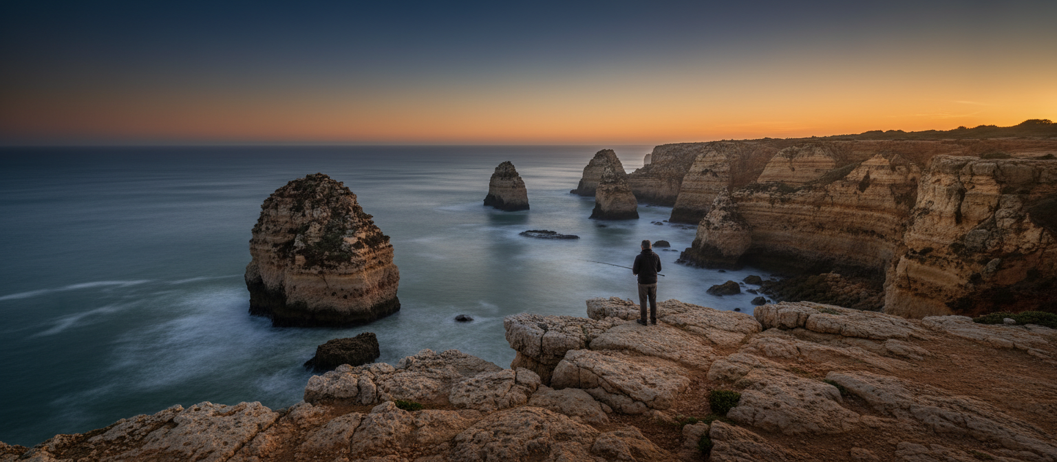 Lone fisherman on Algarve cliffs at dawn