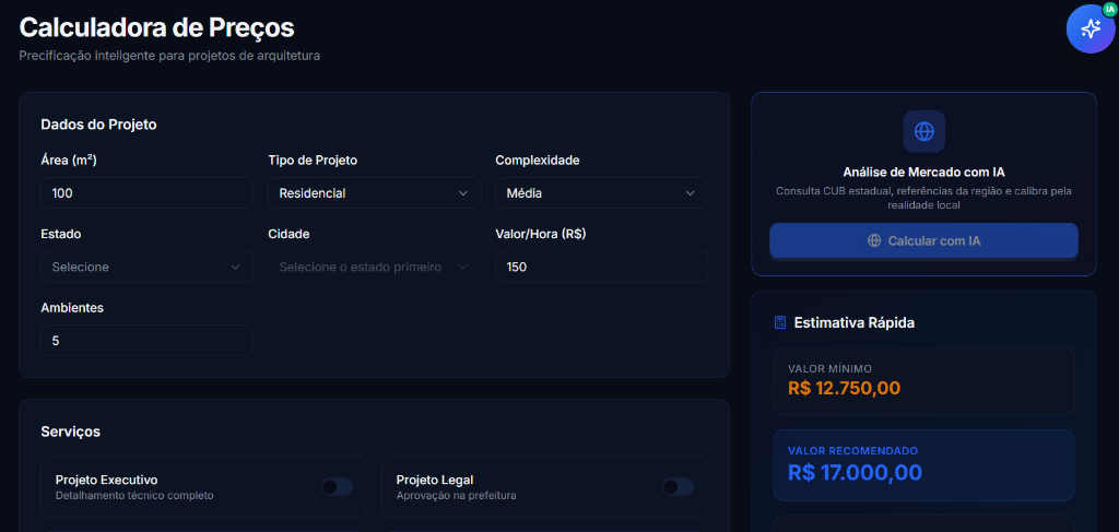Tela de Precifique o projeto