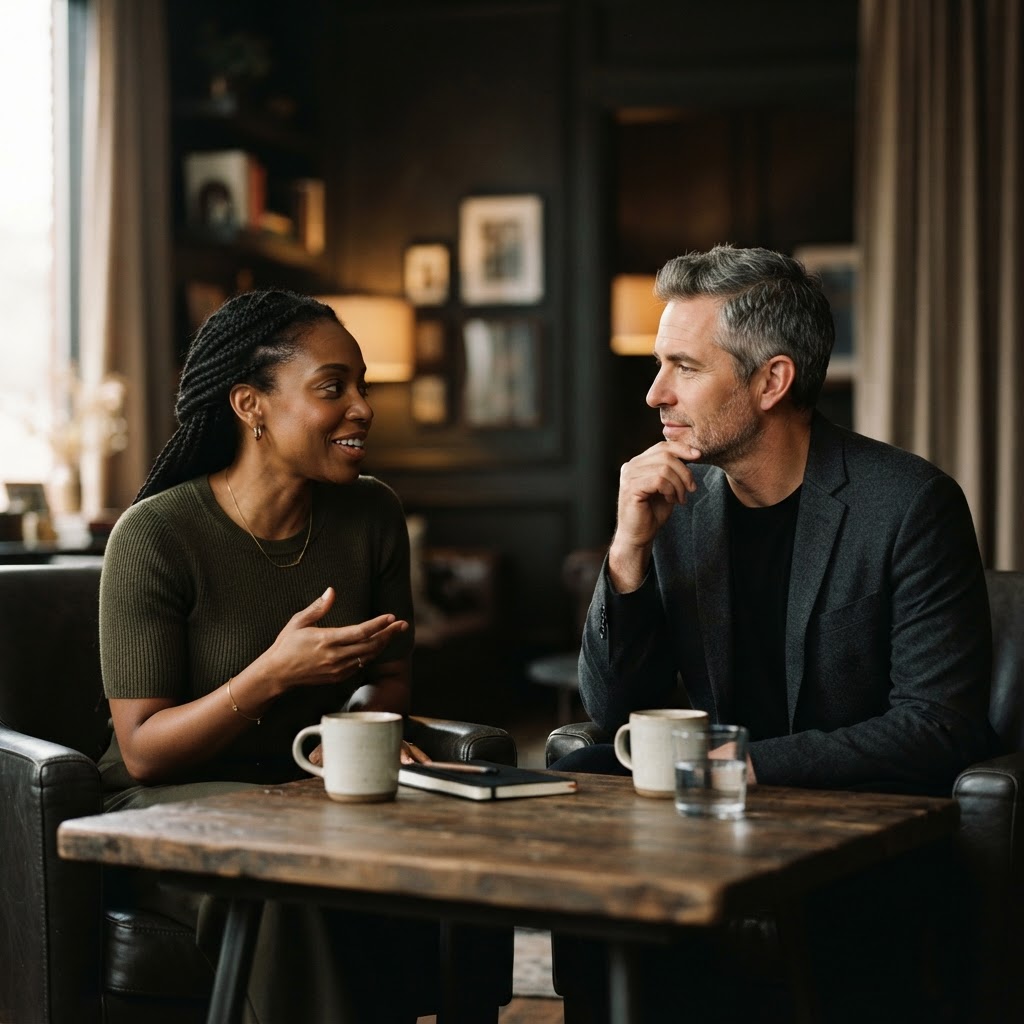 A Black person and a white person in conversation