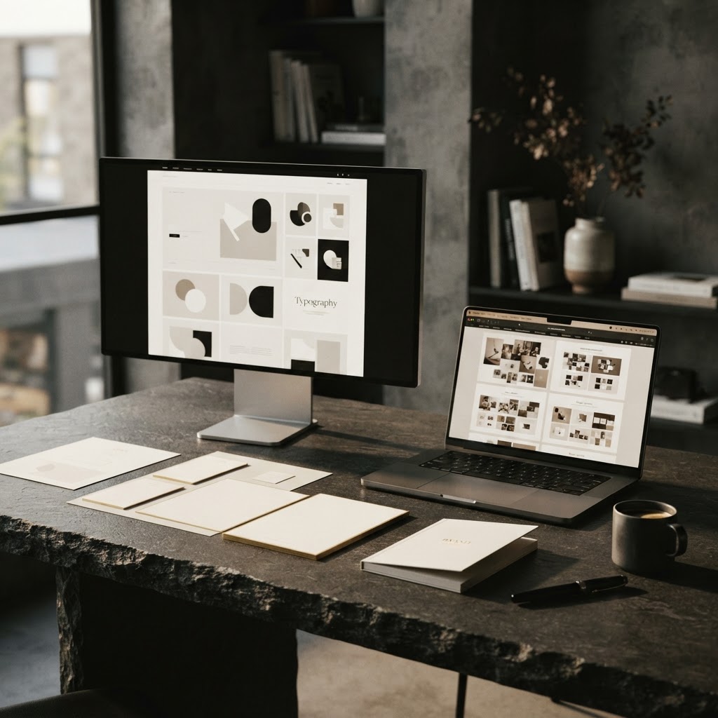 A dark editorial digital and brand studio environment