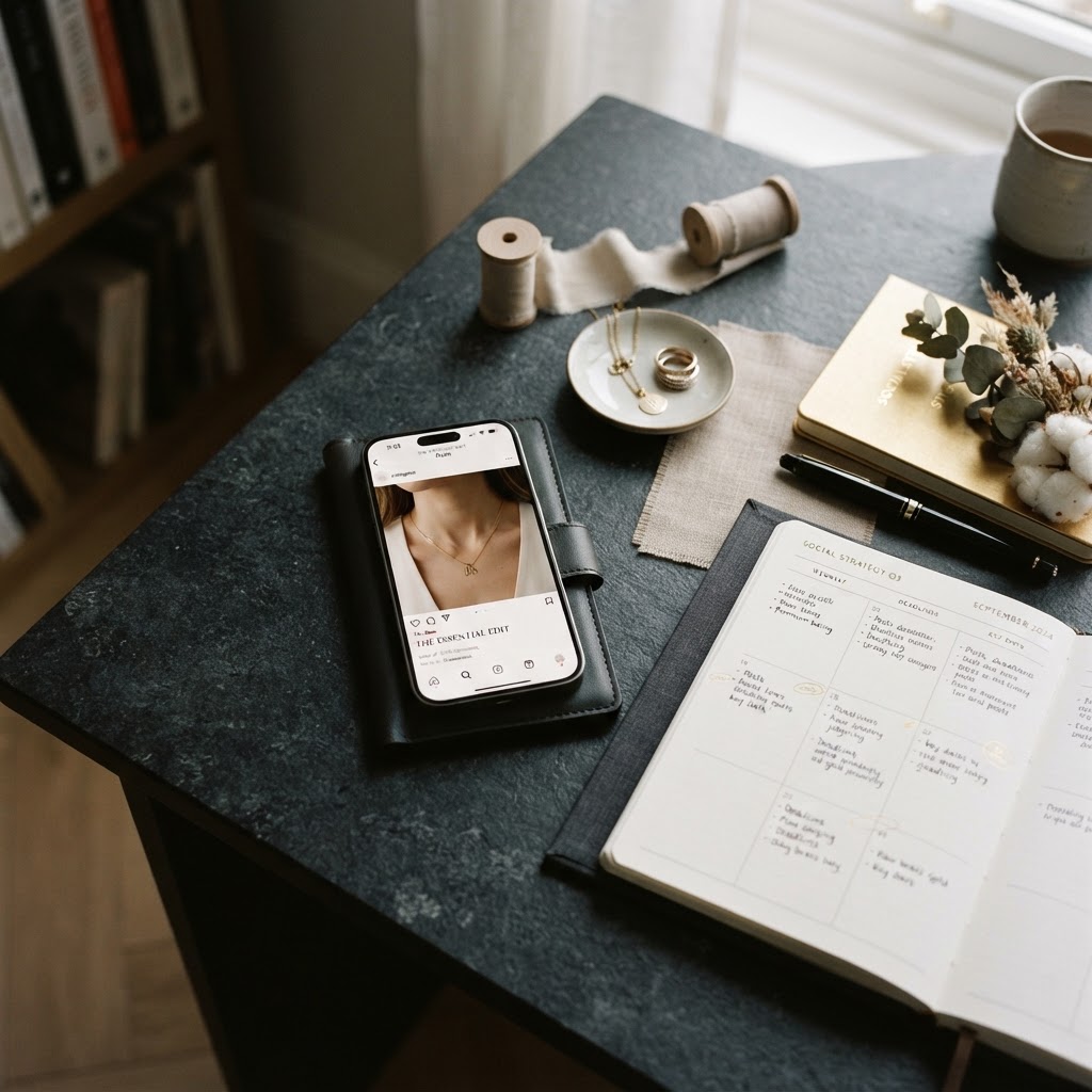 Premium phone displaying branded social content with a content calendar
