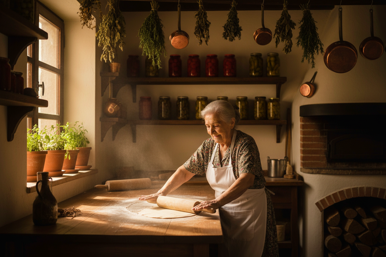 Italian nonna rolling fresh pasta dough in a warm kitchen with hanging herbs and copper pots