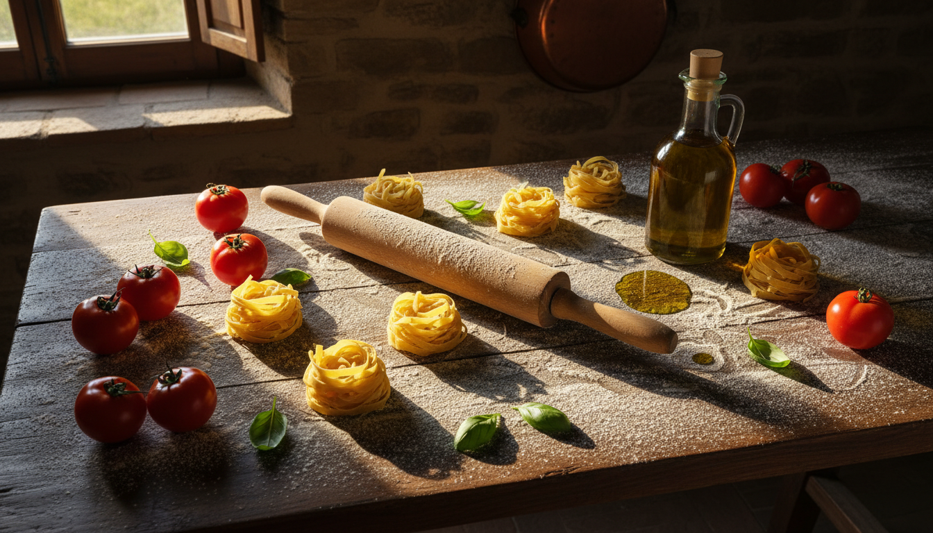 Rustic Italian kitchen table with fresh handmade pasta, flour, basil, and San Marzano tomatoes