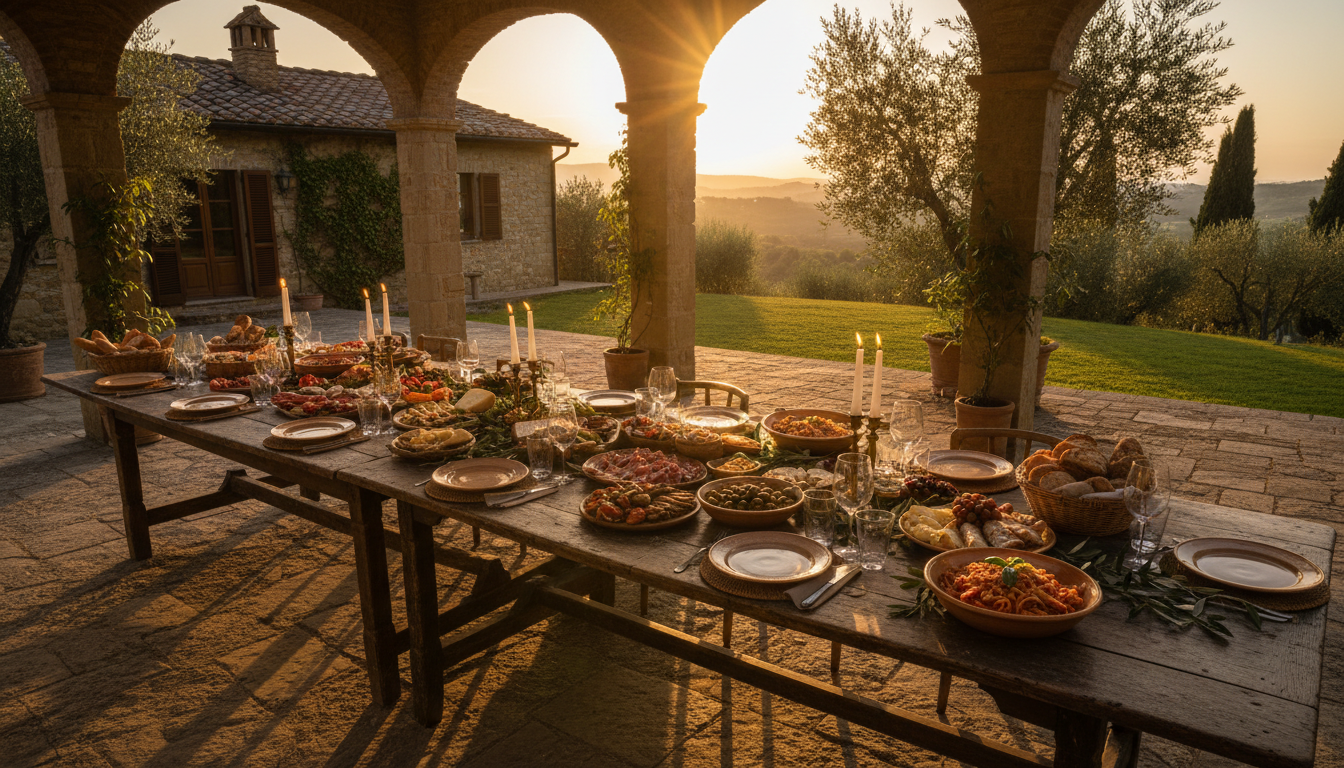 Long rustic wooden table set for an Italian feast with abundant platters of food, wine, and candles