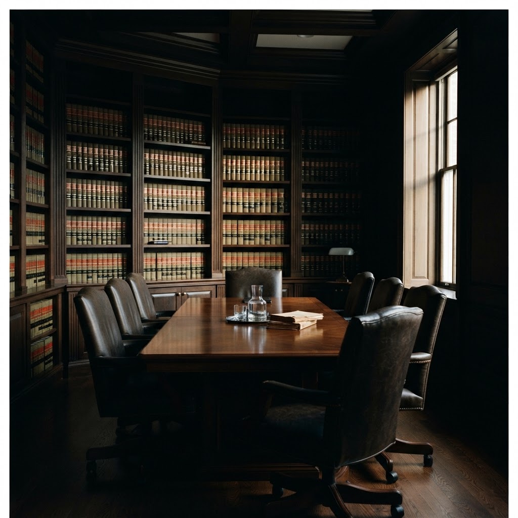 Law firm conference room and law library in warm architectural light