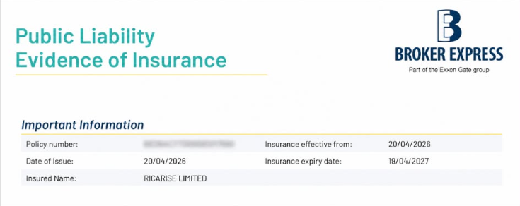 Public Liability Evidence of Insurance — RICARISE LIMITED