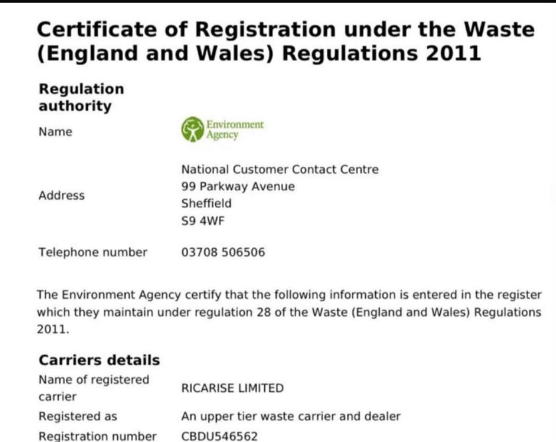 Certificate of Registration under the Waste (England and Wales) Regulations 2011 — RICARISE LIMITED