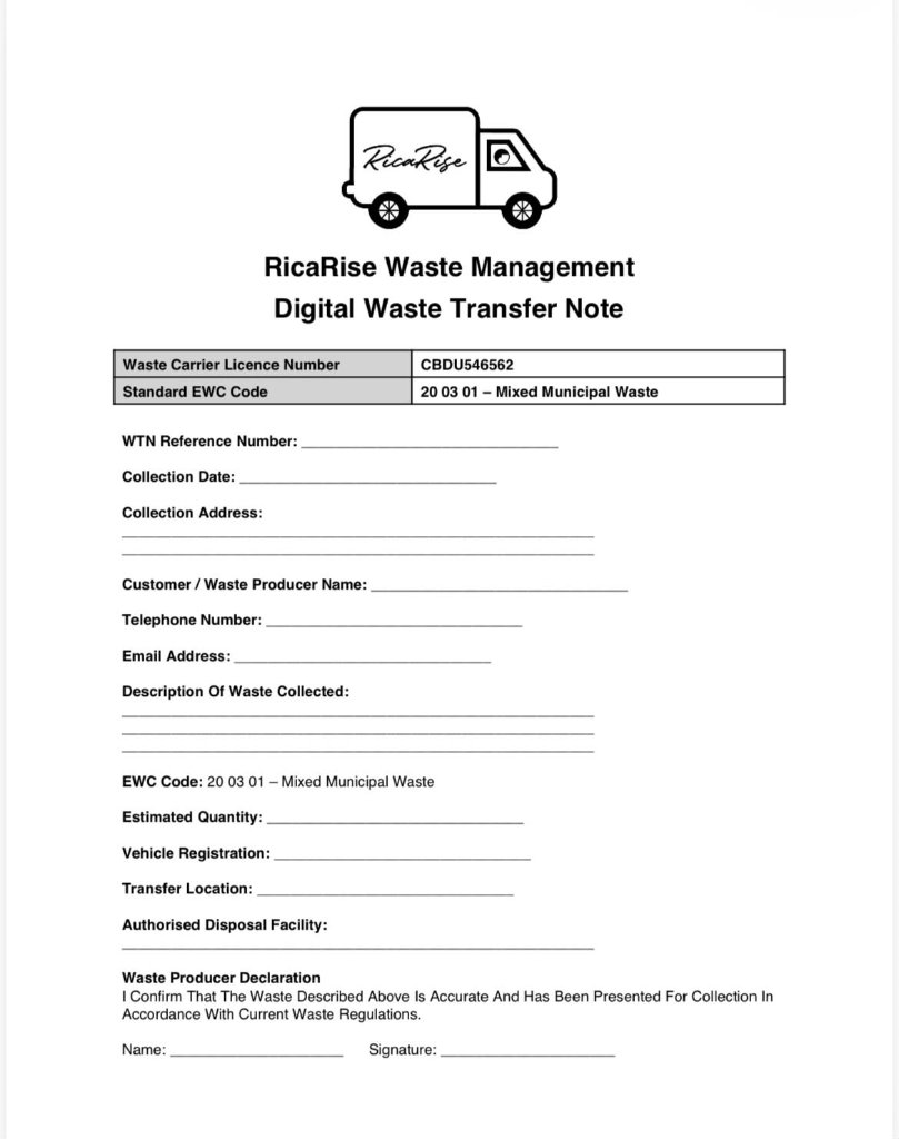 RicaRise Digital Waste Transfer Note document