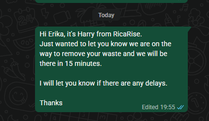 RicaRise WhatsApp live ETA update message to customer