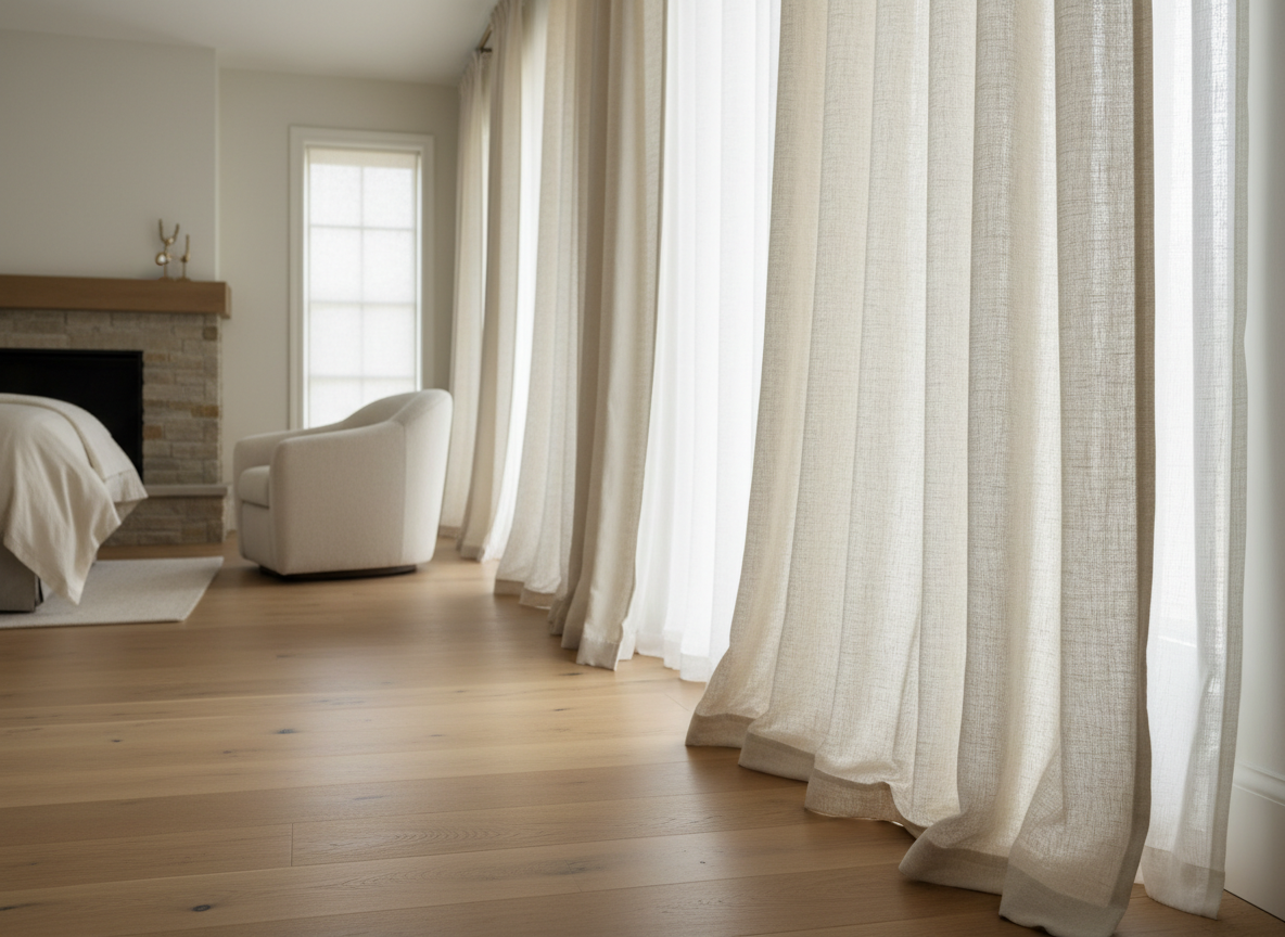 Luxurious flowing linen curtains in a bright bedroom
