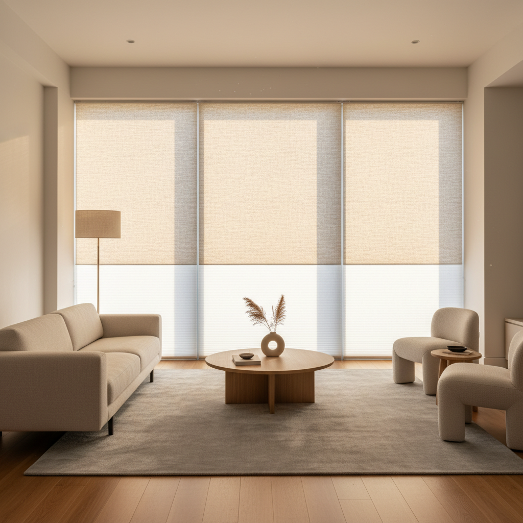 Premium interior roller shades in a bright modern living room in Carmel Indiana