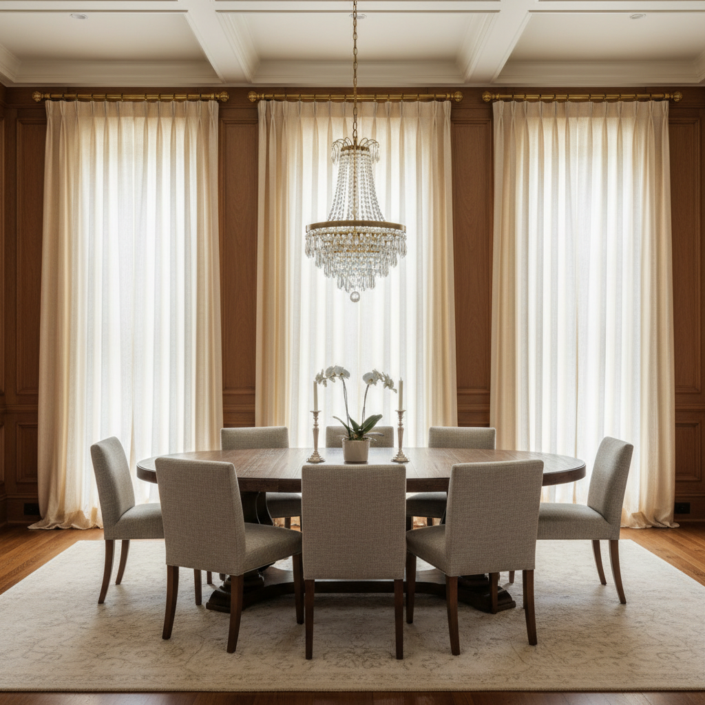 Luxury custom linen drapery panels in a bright dining room in Carmel Indiana