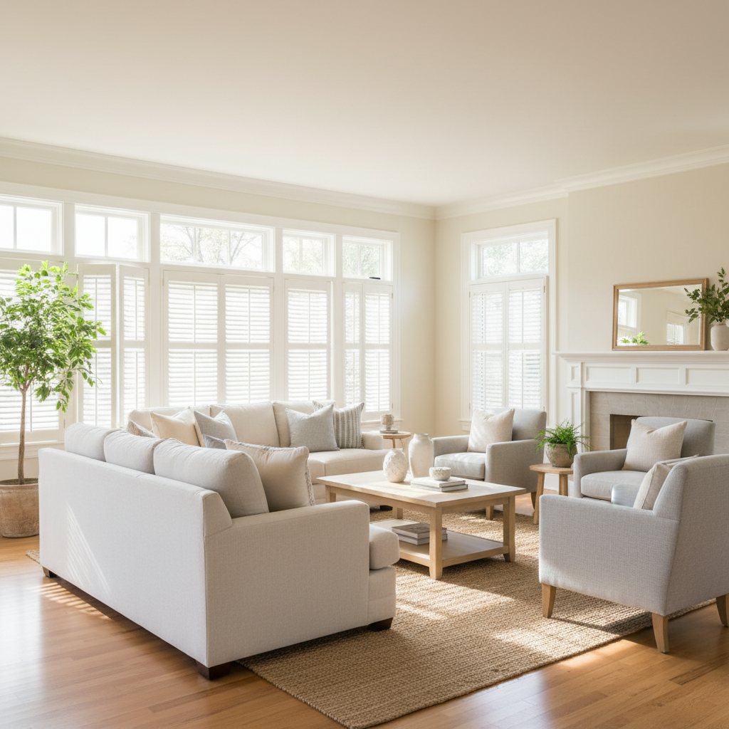 White plantation shutters in a bright living room in Carmel Indiana