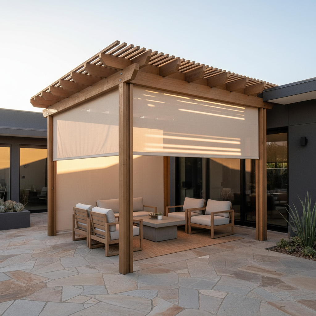 Exterior solar shades on a modern home patio in Hamilton County Indiana
