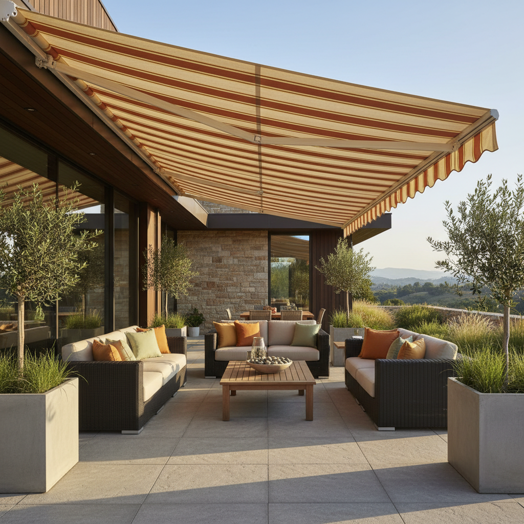 Elegant retractable awning shading a modern home patio in Hamilton County Indiana