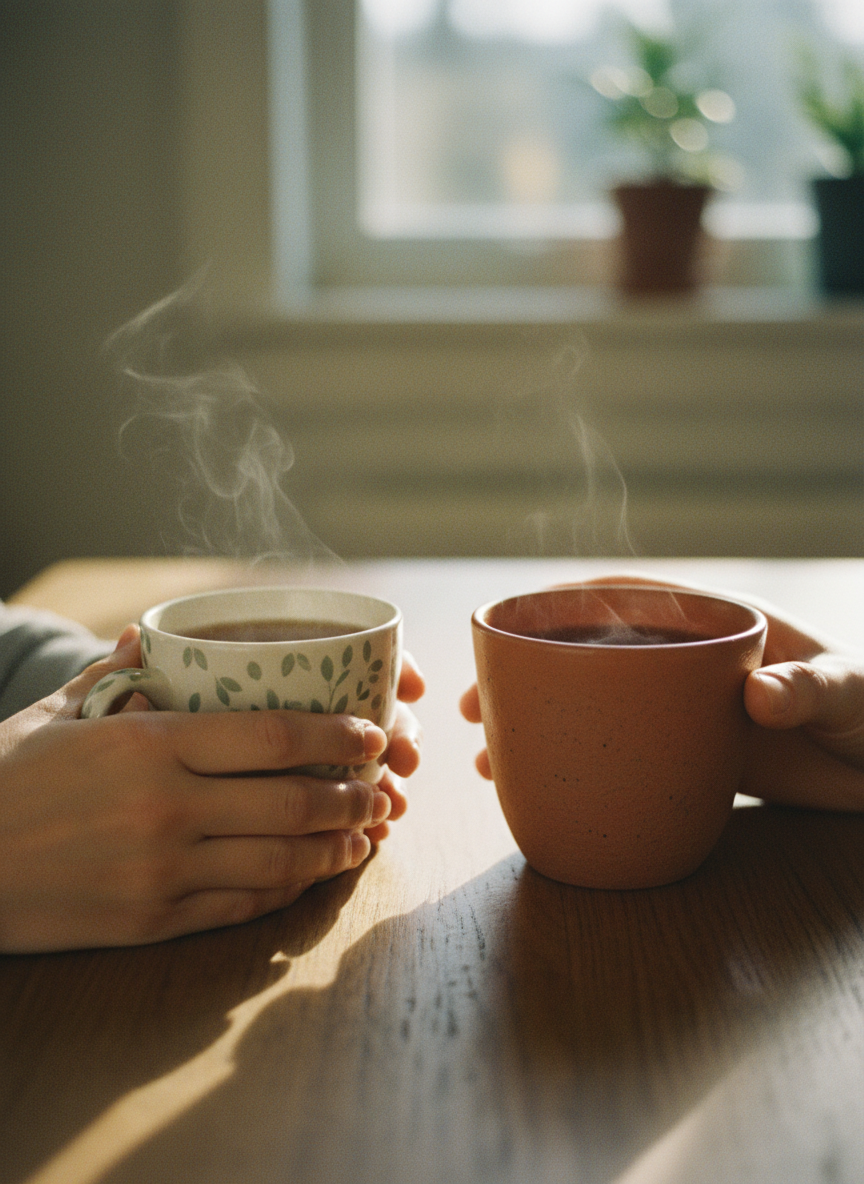 Deux mains proches sur une table avec des tasses de thé, évoquant le dialogue de couple