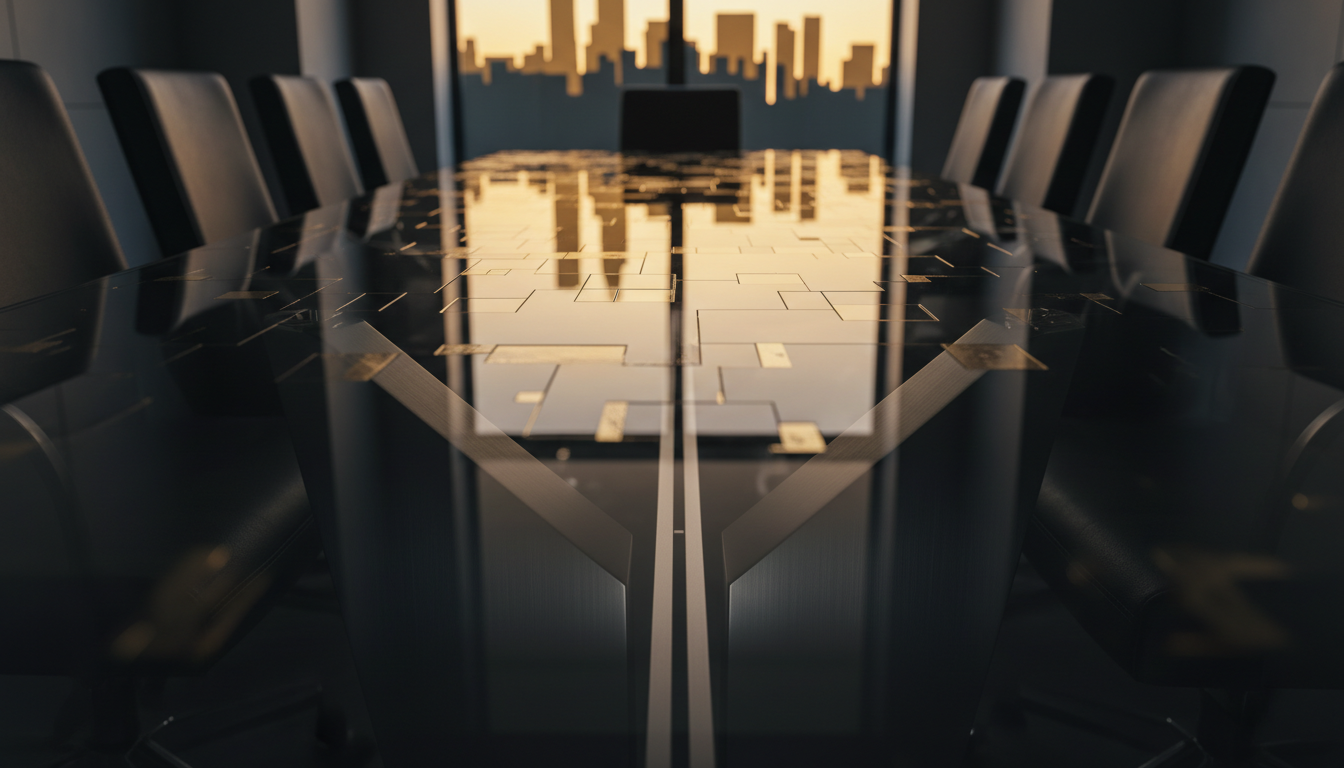 Professional boardroom with golden light reflections