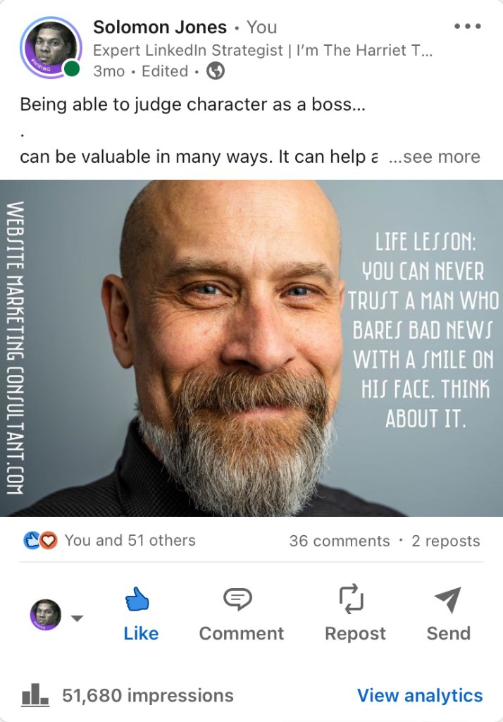 LinkedIn post with 51,680 impressions