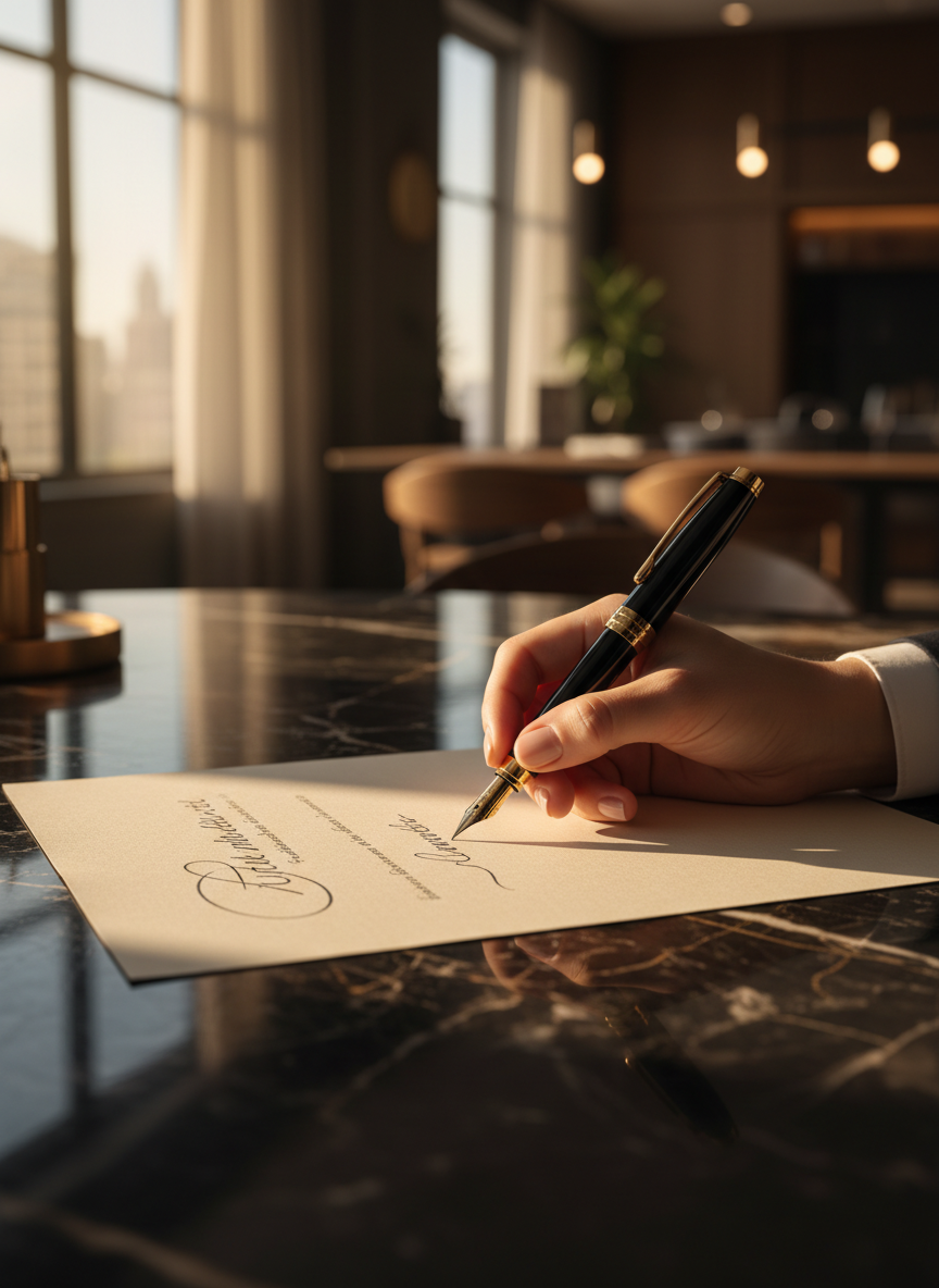 Professional signing a document in golden light