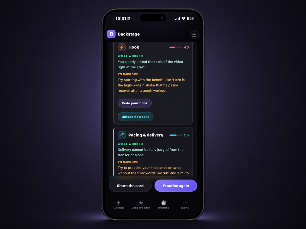 Backstage actionable video improvements