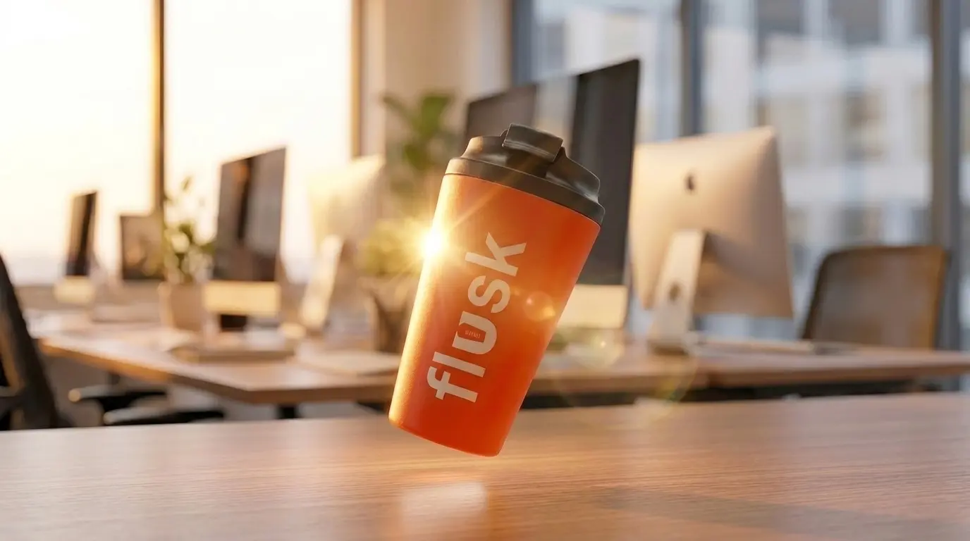 A floating orange FLUSK flask in an office setting