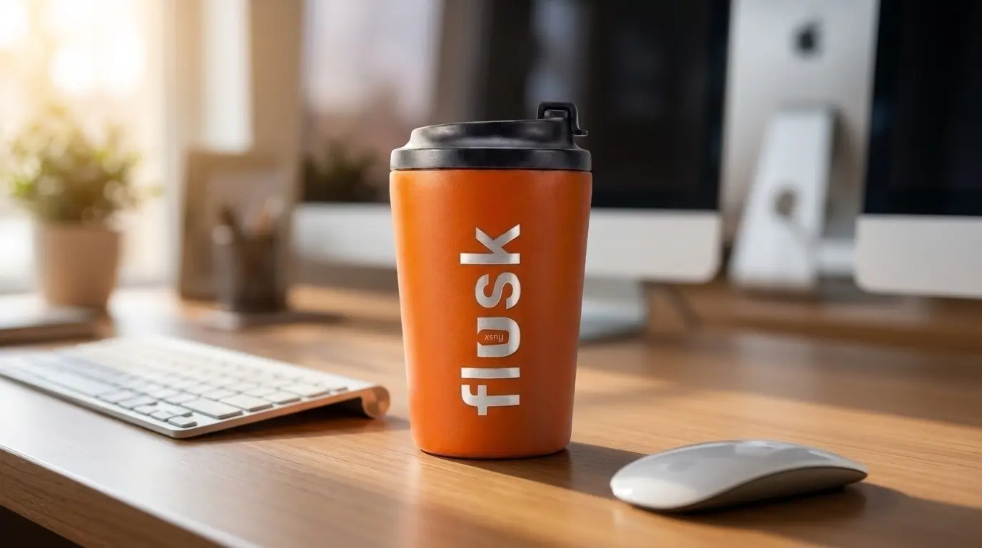 A FLUSK flask sitting on a desk beside a keyboard and mouse