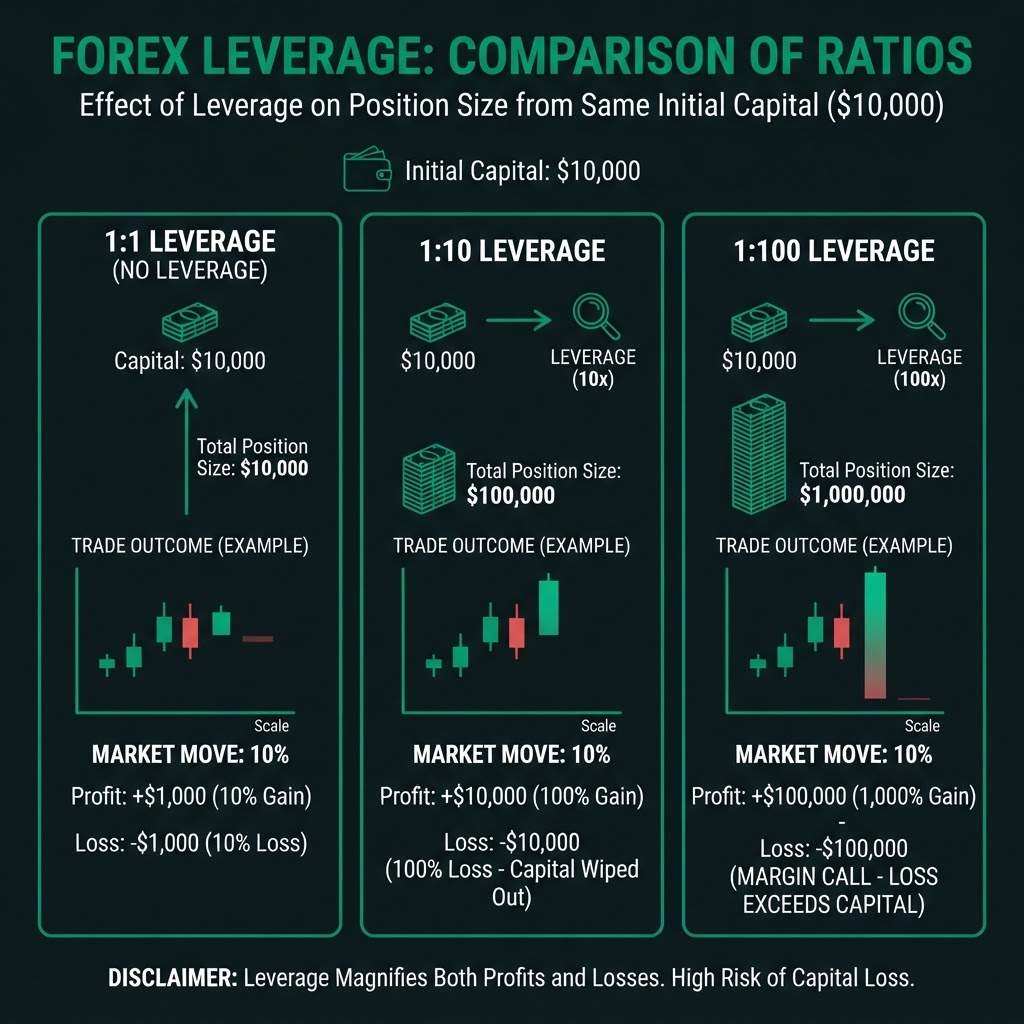 Leverage Ratios Comparison: 1:1, 1:10, 1:100