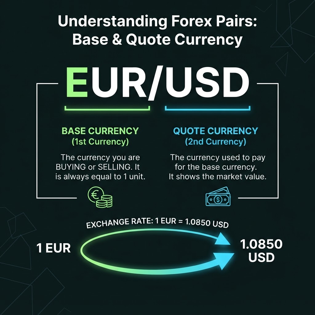 Base and quote currency explanation showing EUR/USD pair structure