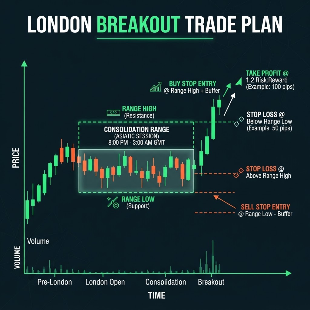 London breakout trade plan with orders and stops