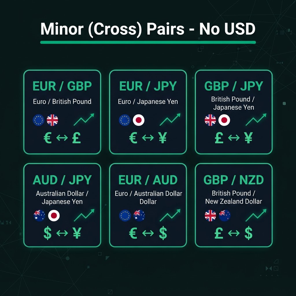 Minor cross currency pairs without USD: EUR/GBP, EUR/JPY, GBP/JPY