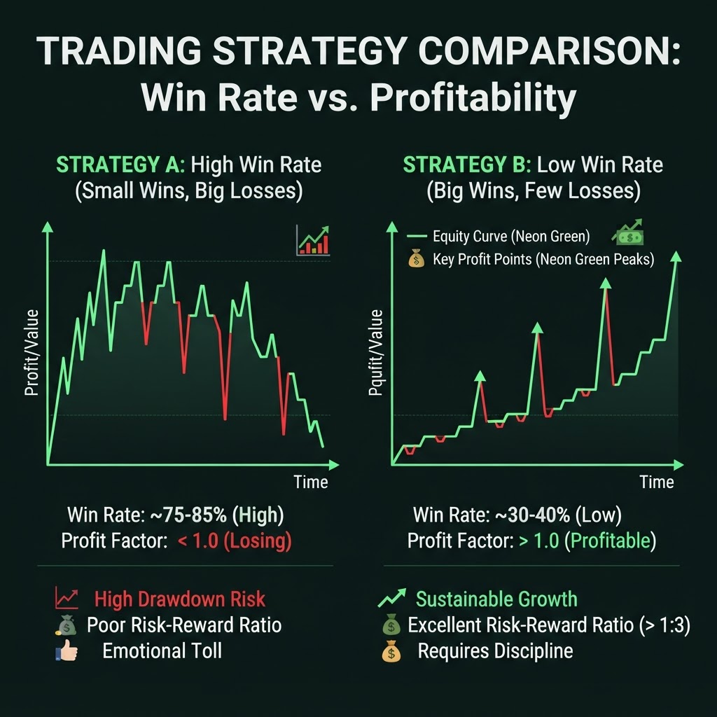 Equity curves of high and low win-rate strategies