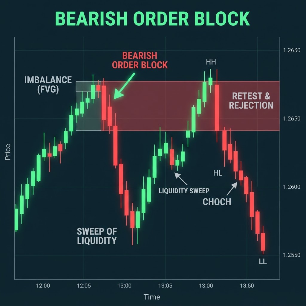 Bearish order block retest and rejection
