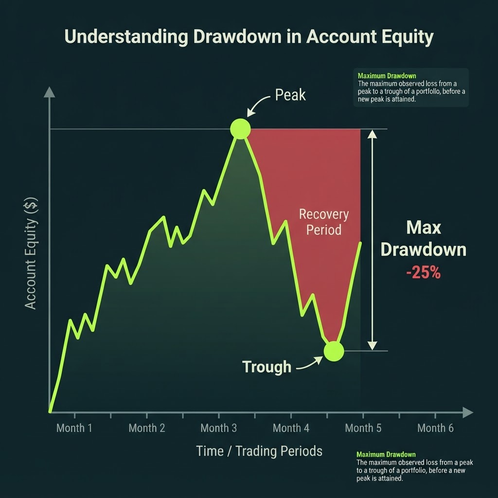 Equity curve with maximum drawdown highlighted