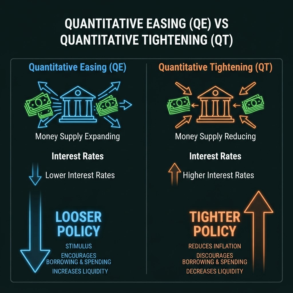 Quantitative easing QE vs quantitative tightening QT comparison