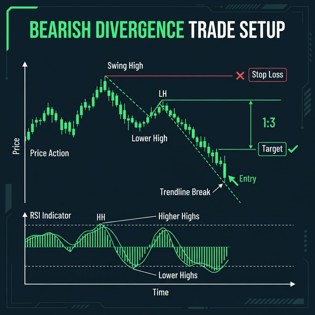 Divergence trade with entry, stop loss and target
