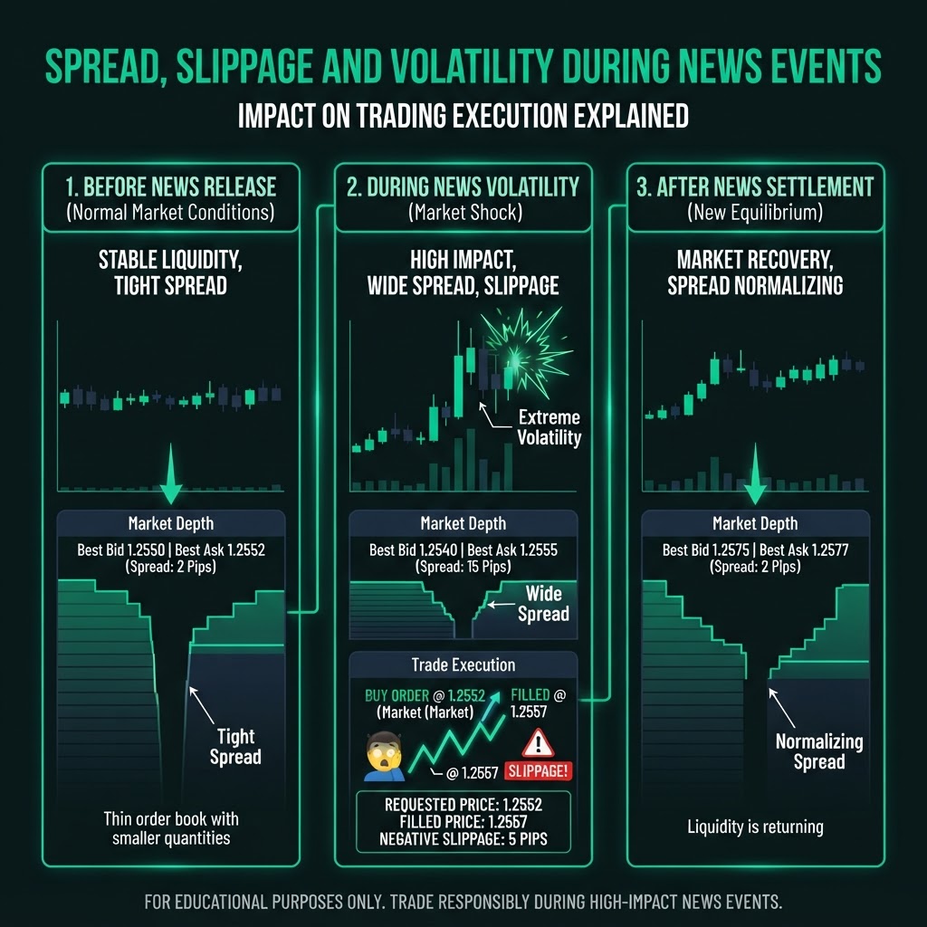 Spread, slippage, and volatility during news