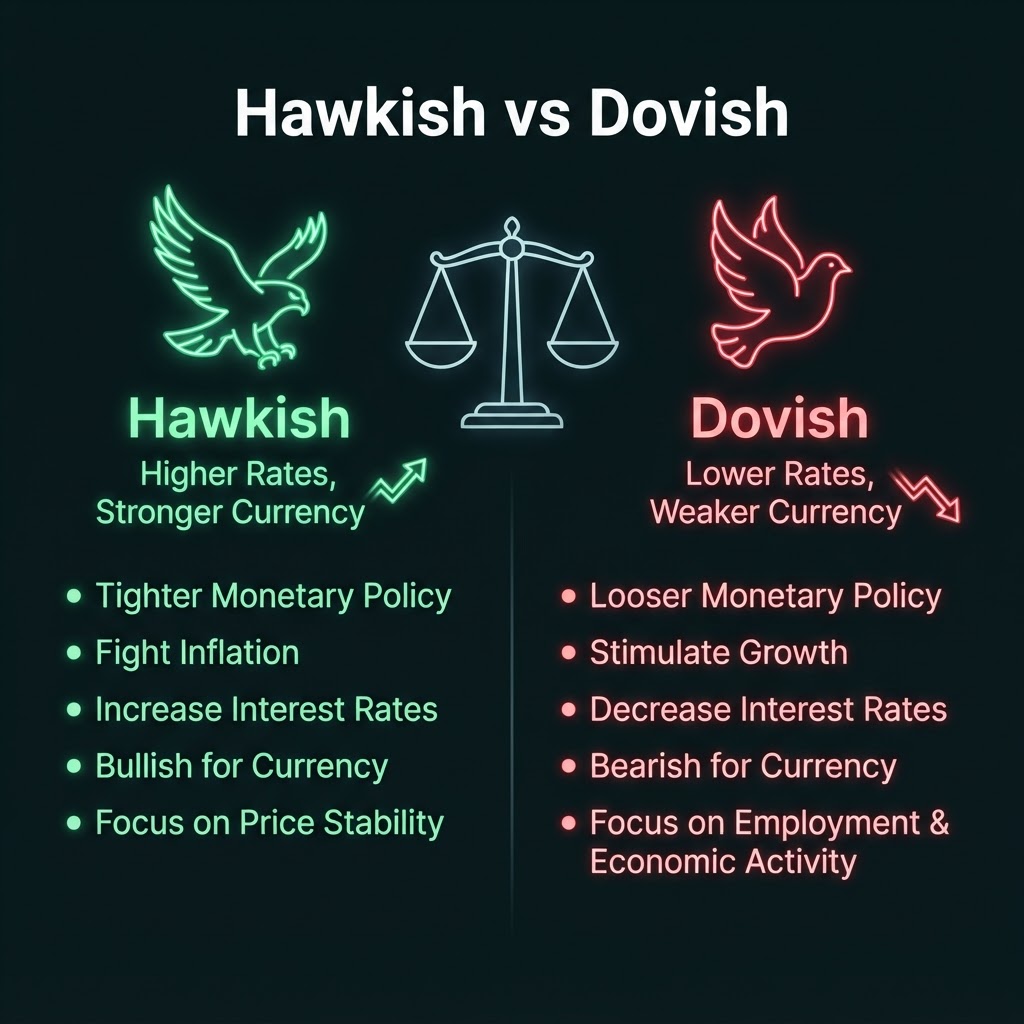 Hawkish vs dovish central bank policy comparison