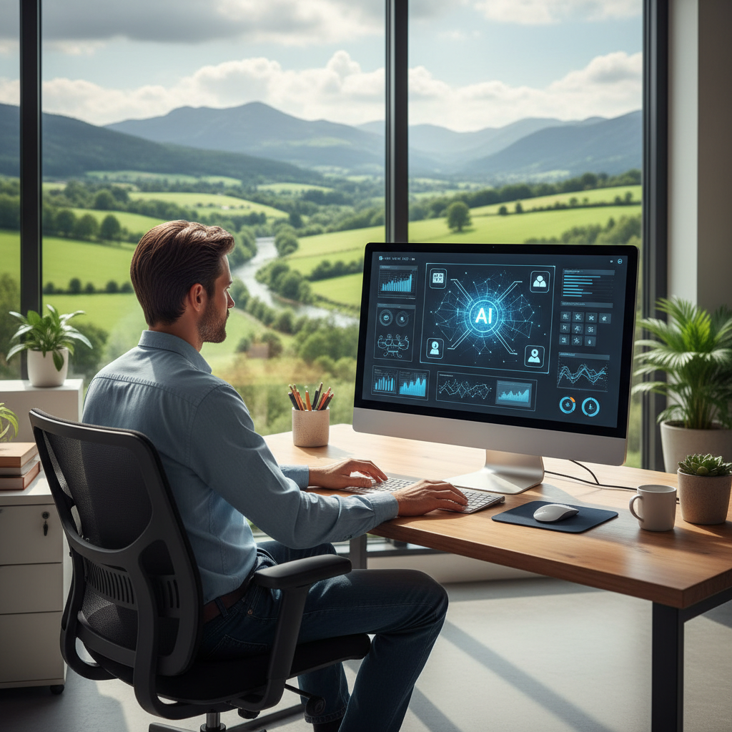 Profesional de marketing usa herramientas de IA en una computadora de oficina