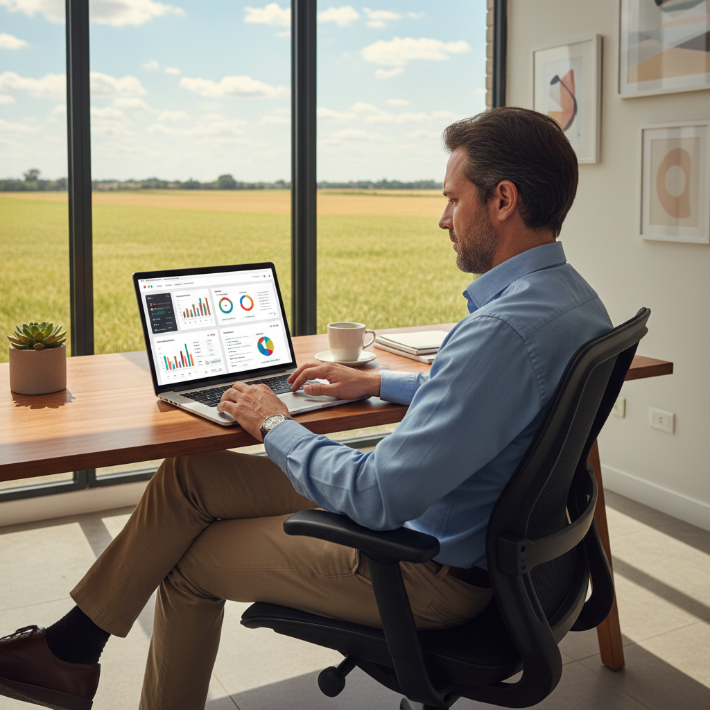 Equipo de marketing agropecuario analizando datos en una oficina con vista al campo
