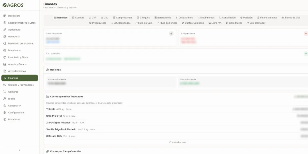 Módulo de Finanzas del ERP de Agros con cuentas, cheques, retenciones, conciliación, libro IVA y libro mayor (importes ocultos)