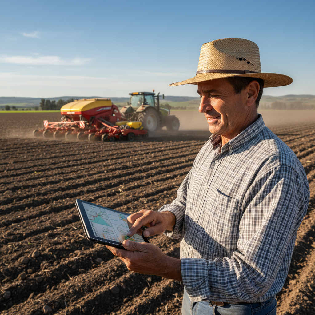 Agricultor sostiene una tablet con una sembradora trabajando detrás