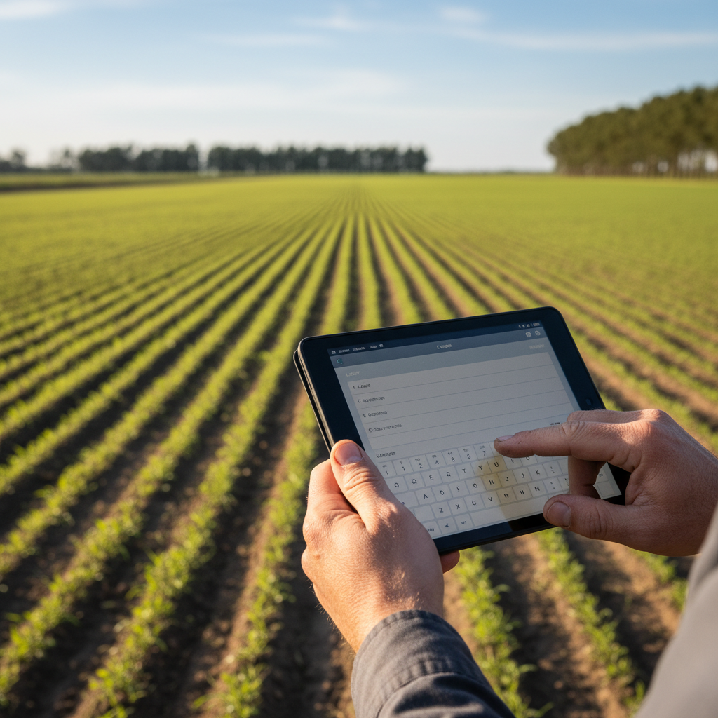 Manos sosteniendo una tablet para registrar labores en el campo