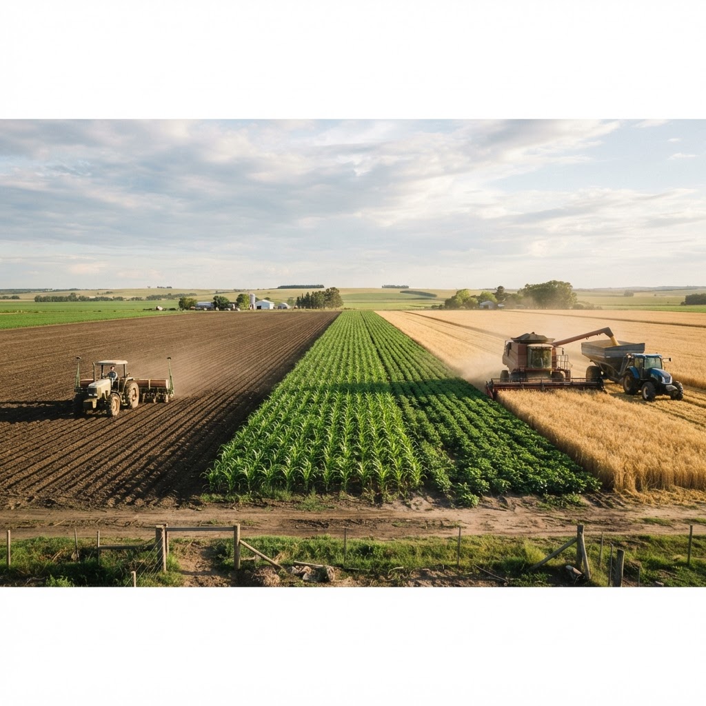 Campo de la región pampeana con siembra, cultivo en crecimiento y cosecha en un mismo paisaje