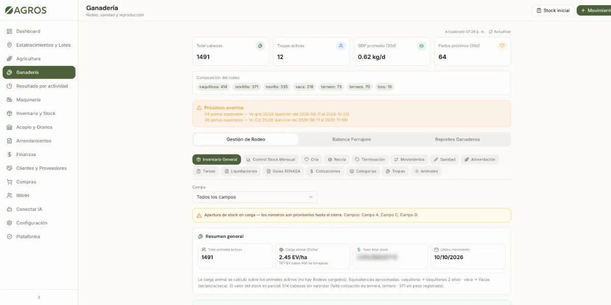 Gestión del rodeo en el software ganadero de Agros: cabezas, tropas, ganancia diaria de peso, partos próximos y composición por categoría