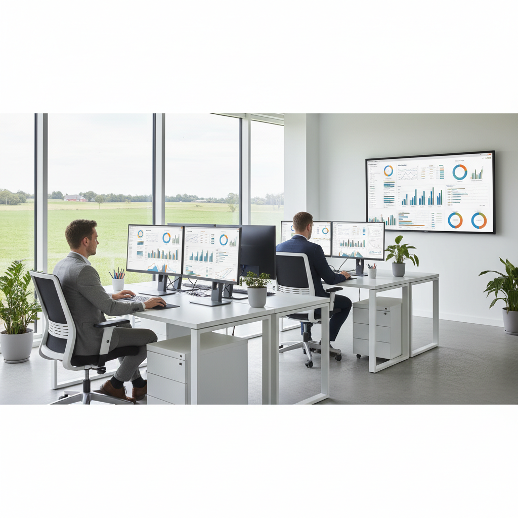 Equipo comercial revisa un panel de ventas en una computadora de oficina