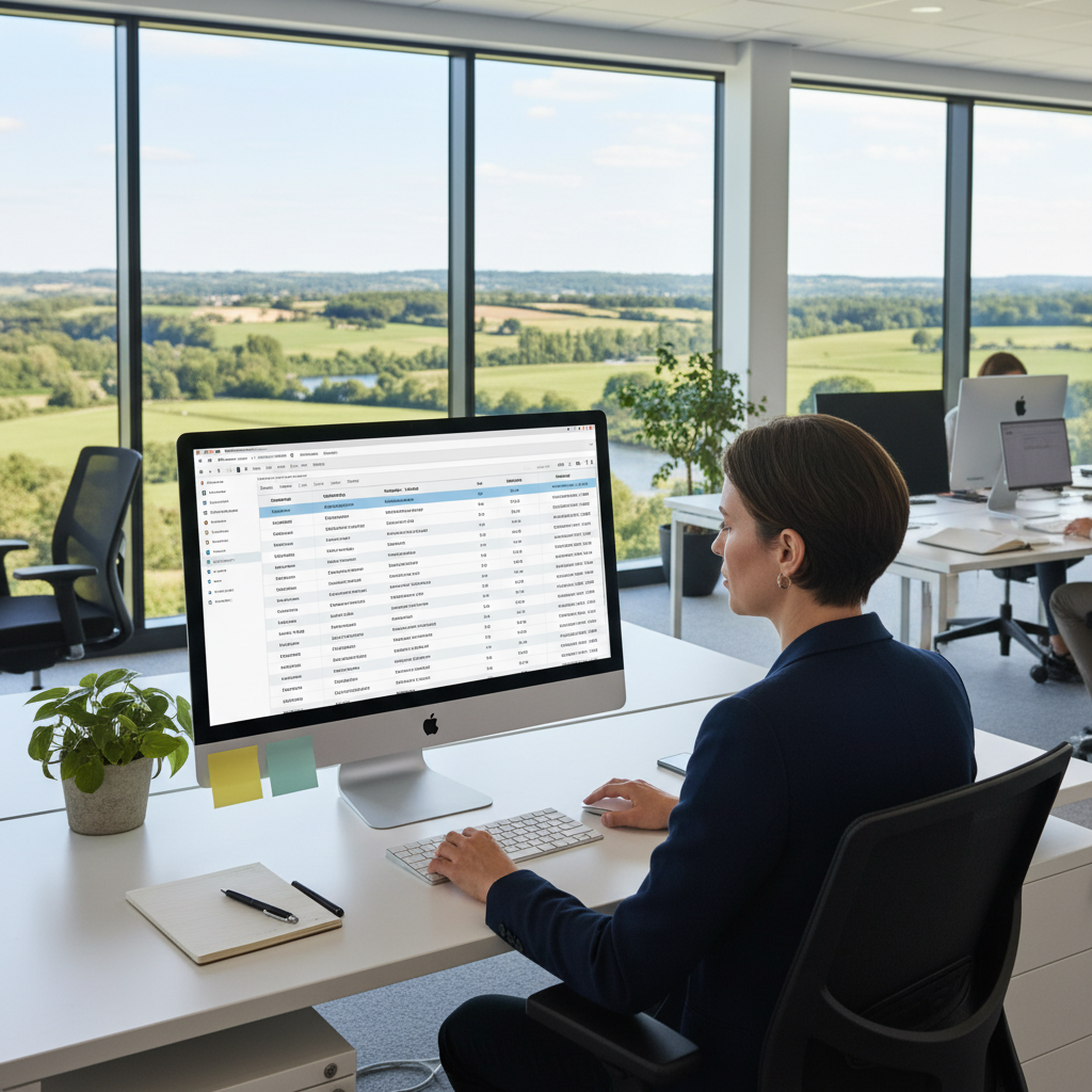 Profesional revisa leads en una computadora de oficina