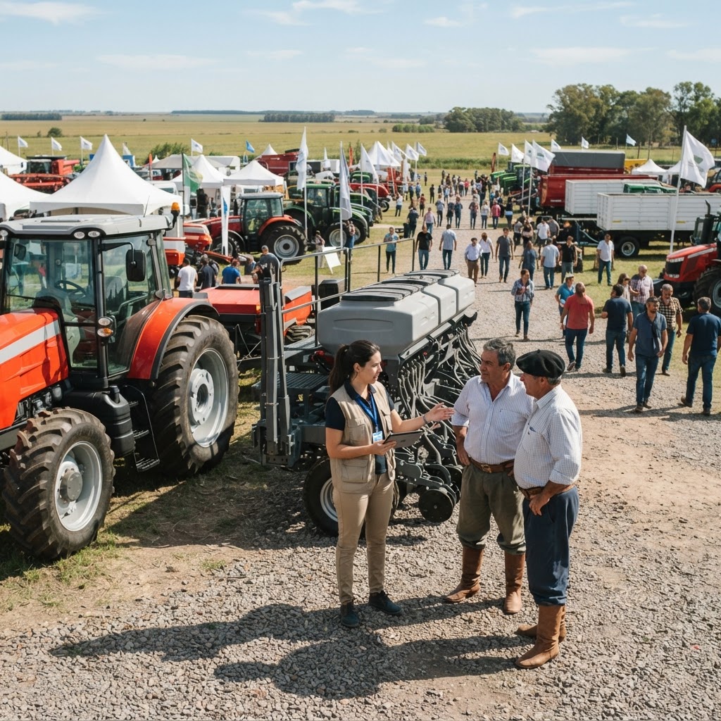 Stand en una muestra agropecuaria con una vendedora conversando con dos productores junto a un tractor