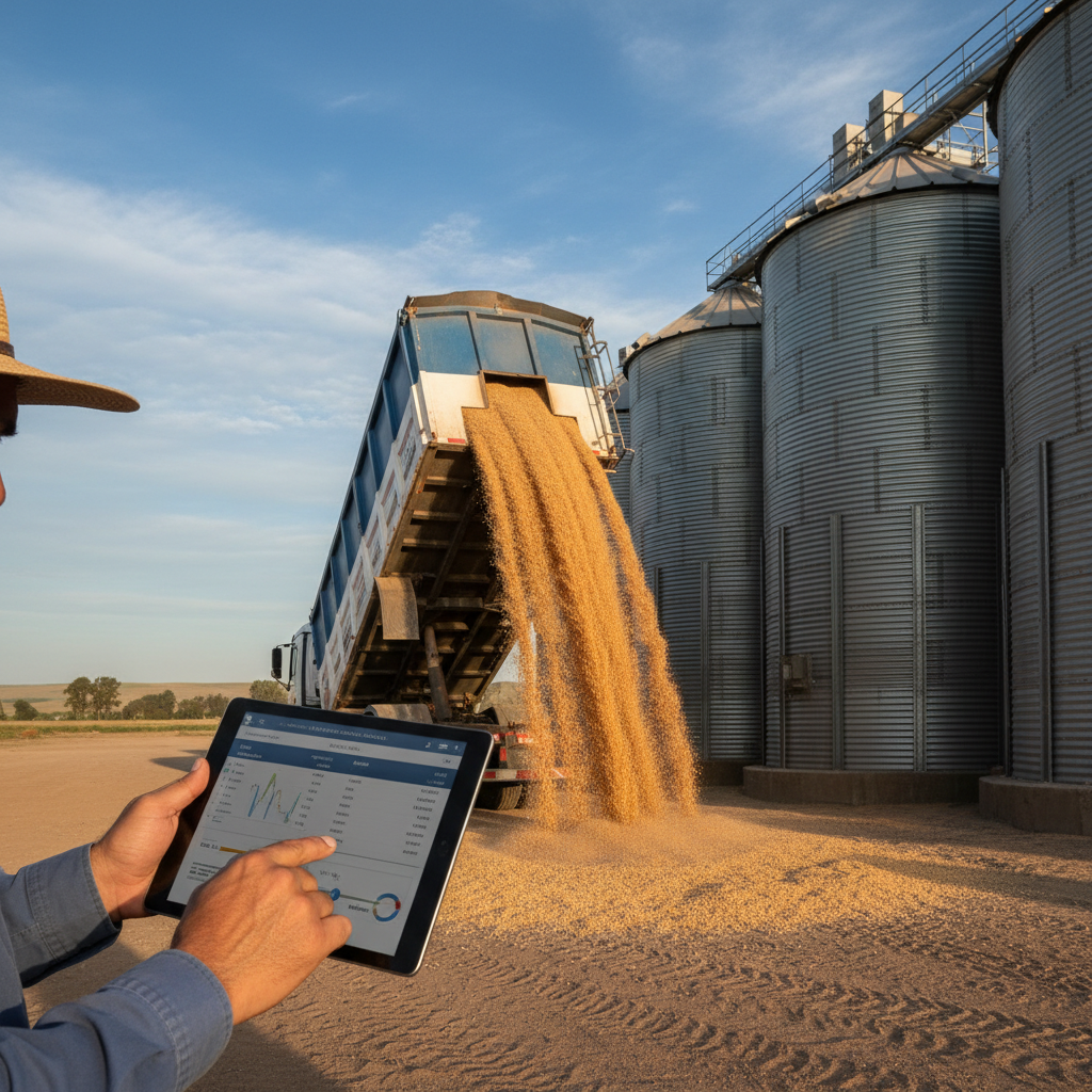 Encargado revisa una tablet junto a silos mientras un camión descarga granos