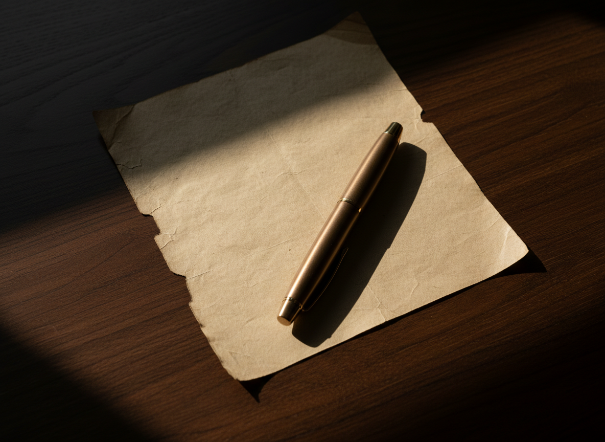 Brass fountain pen on parchment representing precision and commitment